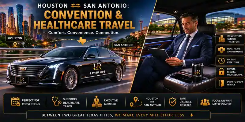 Cadillac luxury sedan transportation between Houston and San Antonio featuring convention and healthcare travel, executive chauffeur service, private business travel, and Lavish Ride branding on the vehicle side and license plate.